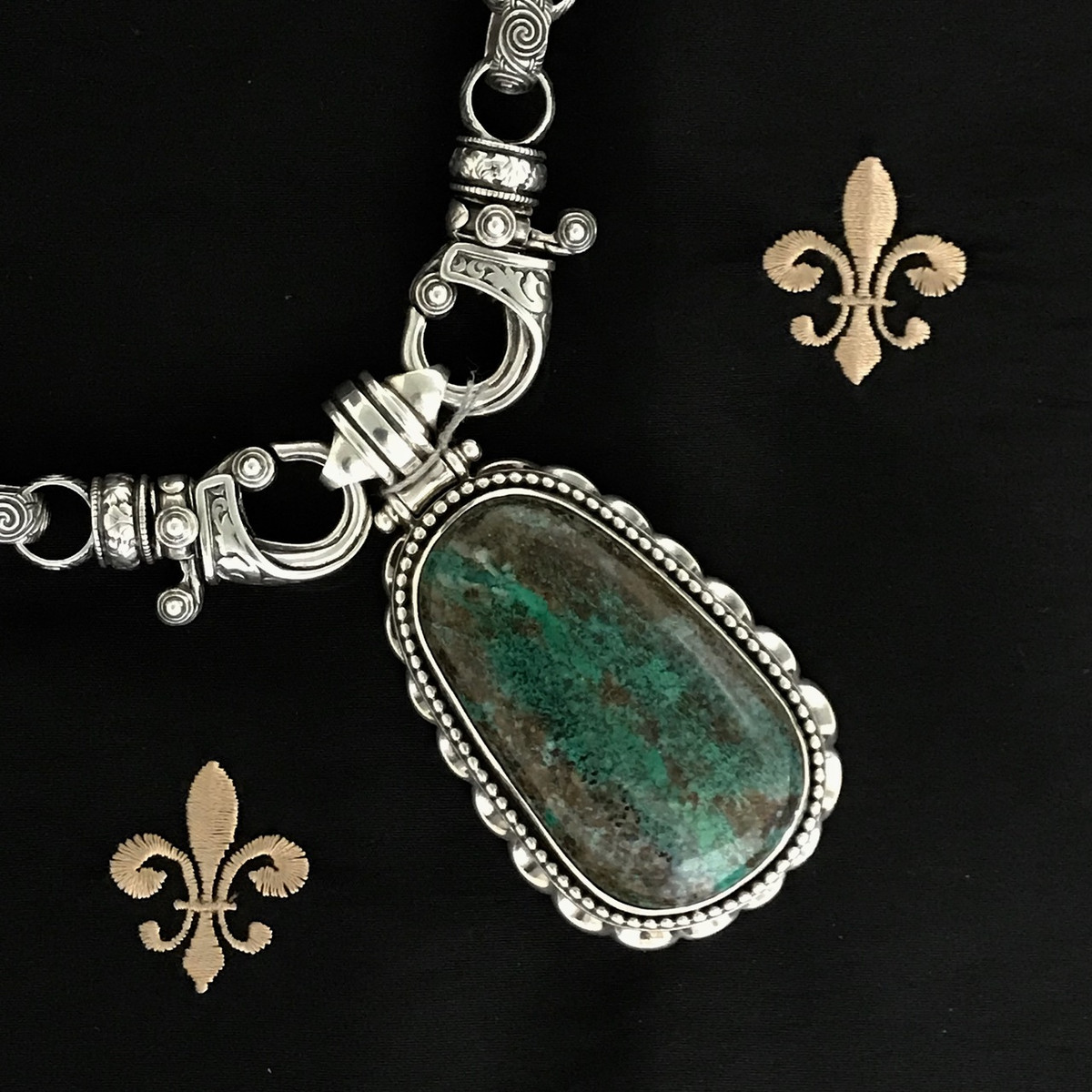 Two Hook Necklace, Silver Chrysocolla, handmade