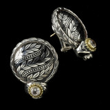 Laurel Leaf Earrings, Silver, Gold, Black Enamel, White Topaz handmade by Bowman Originals, Sarasota, 941-302-9594