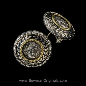 Handmade Sterling Silver Laurel Leaf Button Earrings with black enamel and Helios center, Gold posts, by Bowman Originals
Handmade Sterling Silver Laurel Leaf Button Earrings with black enamel and Helios center, Gold posts, by Bowman Originals
