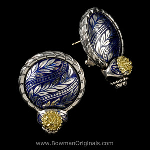 Handmade Sterling Silver Laurel Leaf Button Earrings with Cobalt Blue Enamel and 18k Gold posts by Bowman Originals
 Handmade Sterling Silver Laurel Leaf Button Earrings with Cobalt Blue Enamel and 18k Gold posts by Bowman Originals