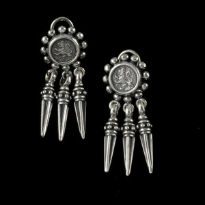 These striking Sterling Silver Beaded Lion Earrings with Spike drops are a bold fusion of power and drama. Dangling beneath the medallion are sharp, edgy spikes, adding a dynamic contrast to the design.Handmade in the USA. 100% Guarantee. Call or text 941-302-9594. www.BowmanOriginals.com
These striking Sterling Silver Beaded Lion Earrings with Spike drops are a bold fusion of power and drama. Dangling beneath the medallion are sharp, edgy spikes, adding a dynamic contrast to the design.Handmade in the USA. 100% Guarantee. Call or text 941-302-9594. www.BowmanOriginals.com