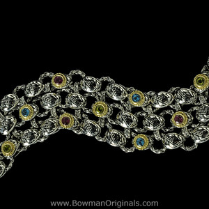Laurel Leaf Bracelet in Sterling Silver, 18k Gold, Garnet, Topaz, Peridot and Enamel handmade by Bowman Originals, gemstone view