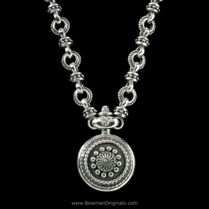 Sundial pendant link necklace handmade in Sterling Silver by Bowman Originaals, Sarasota, Fl. USA