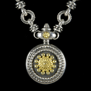 Sterling Silver and 18k Gold Sundial Necklace, handcrafted with meticulous attention to detail. Made in the USA. 100% Guarantee. 941-302-9594. www.bowmanoriginals.com Sterling Silver and 18k Gold Sundial Necklace, handcrafted with meticulous attention to detail. Made in the USA. 100% Guarantee. 941-302-9594. www.bowmanoriginals.com