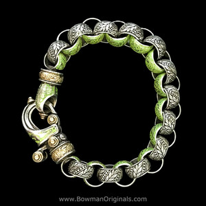 Laurel Leaf Hook Bracelet in Sterling Silver & 18k gold with Peridot Green Vitreous Enamel, Handmade by Bowman Originals
Laurel Leaf Hook Bracelet in Sterling Silver & 18k gold with Peridot Green Vitreous Enamel, Handmade by Bowman Originals