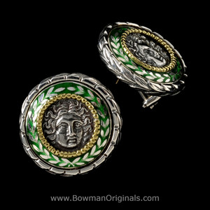 Handmade Laurel Leaf Button Earrings with Vitreous Green Enamel and Helios, Sterling Silver and 18k Gold by Bowman Originals
