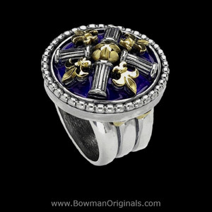 Fleur-de-Lis column ring in sterling silver with 18k gold accents and cobalt blue enamel handmade by Bowman Originals Sarasota Florida