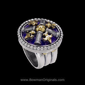 Fleur-de-Lis column ring in sterling silver with 18k gold accents and cobalt blue enamel handmade by Bowman Originals Sarasota Florida