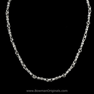 View of Greek Vase Chain Link Layering Necklace in Sterling Silver. Handmade 1/4 inch links. By Bowman Originals.
 View of Greek Vase Chain Link Layering Necklace in Sterling Silver. Handmade 1/4 inch links. By Bowman Originals.
