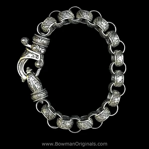 Sterling Silver Chain Link Stackable Laurel Leaf Hook Bracelet, 7/16 inches (11mm) wide , handmade by Bowman Originals, full view
