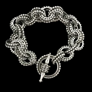Double chain link toggle bracelet handcrafted in sterling silver with 3/4 inch wide links by Bowman Originals in Sarasota Florida
