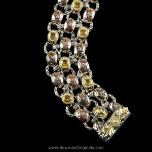 Sterling Silver, 18k Gold, Citrine, Diamond and Enamel Laurel Leaf Bracelet handmade by Bowman Originals, front view