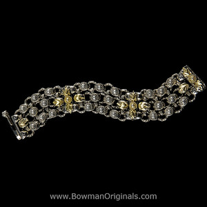 Laurel Leaf Chain Link Bracelet in Sterling Silver, 18k Gold, Black Enamel and Diamond handmade by Bowman Originals, front view