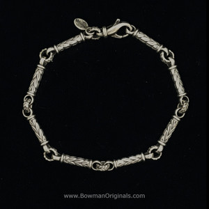 Sterling Silver Chain Link Laurel Leaf Bracelet, 6.5mm to 3.5mm wide, handmade by Bowman Originals, Sarasota, Florida, full view
