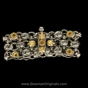 Laurel Leaf Chain Link Bracelet in Sterling Silver, 18k Gold, Citrine & Black Enamel handmade by Bowman Originals, front view