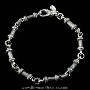 Barbell Chain Link Bracelet handmade in sterling silver with 6.5mm wide engraved links by Ned Bowman, Bowman Originals.
 Barbell Chain Link Bracelet handmade in sterling silver with 6.5mm wide engraved links by Ned Bowman, Bowman Originals.