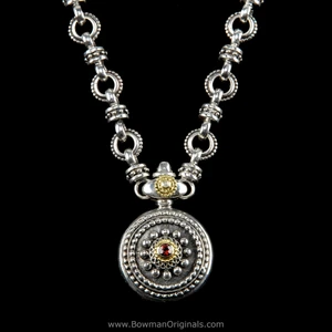 Sundial chain link necklace in Sterling Silver and 18k Gold with Almandine Garnet and Diamond by Bowman Originals