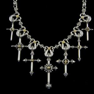 Seven Cross Necklace handmade in Sterling Silver and 18 k Gold by Bowman Originals, USA Seven Cross Necklace handmade in Sterling Silver and 18 k Gold by Bowman Originals, USA