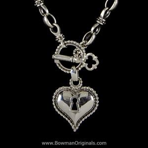 Handcrafted Key to My Heart sterling silver necklace with links and toggle clasp by Bowman Originals, detail view