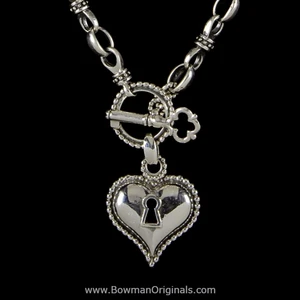 Handcrafted Key to My Heart sterling silver necklace with links and toggle clasp by Bowman Originals, detail view