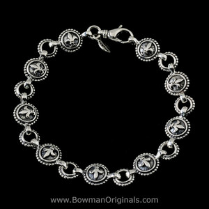 Sterling Silver Chain Link Fleur de Lis Bracelet handmade by Bowman Originals, Sarasota, Fl. full view
