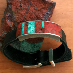 Inlaid Chrysocolla, Silver, Leather bracelet | Bowman Originals  Inlaid Chrysocolla, Silver, Leather bracelet | Bowman Originals