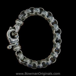 Laurel Leaf Hook Bracelet in Sterling Silver with Blue Enamel and Blue Sapphires, Handmade by Bowman Originals, front view
