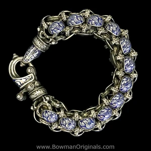 Rolled Chain Link Laurel Leaf Hook Bracelet in Sterling Silver and Blue Enamel Handmade by Bowman Originals, front view
