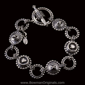 Heart and Nail Head Link Toggle Bracelet in Sterling Silver by Bowman Originals, handmade in Sarasota, FL.
Heart and Nail Head Link Toggle Bracelet in Sterling Silver by Bowman Originals, handmade in Sarasota, FL.