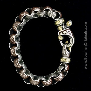 Sterling Silver, 18k Gold and Brown Enamel Laurel Leaf Hook Bracelet handmade by Bowman Originals, front view
