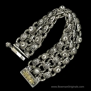 Sterling Silver Laurel Leaf Chain Link Bracelet with Enamel and Topaz handmade  by Bowman Originals, side view