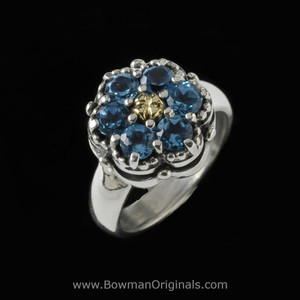 Handcrafted Blue Topaz Cluster Ring in Sterling Silver and 18k Gold by Bowman Originals, Sarasota
