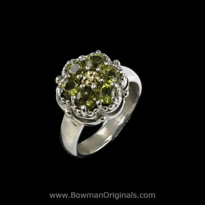 Handcrafted Peridot Cluster Ring in Sterling Silver and 18k Gold by Bowman Originals