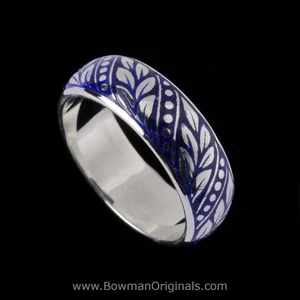 Sterling Silver Laurel Leaf Band Ring, 1/4 inch (6.5mm) wide, Blue Enamel, handmade by Bowman Originals, Sarasota
