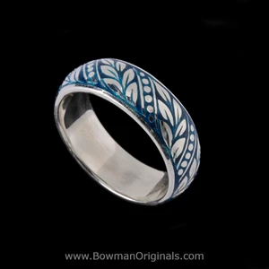 Sterling Silver Laurel Leaf Ring Band, Teal Enamel, 1/4 inch (6.5mm} wide, handmade by Bowman Originals, Sarasota, Florida.