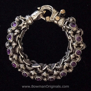 Sterling Silver Rolled Laurel Leaf Link Hook handmade Bracelet with 18k Gold, Amethyst, and Enamel by Bowman Originals
Sterling Silver Rolled Laurel Leaf Link Hook handmade Bracelet with 18k Gold, Amethyst, and Enamel by Bowman Originals