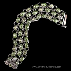Handmade Sterling Silver Laurel Leaf Link Bracelet with Enamel and Peridot, Bowman Originals, front view
