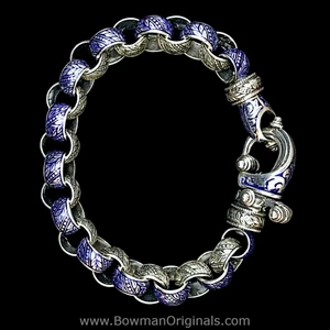 Handmade Sterling Silver Laurel Leaf Link Hook Bracelet with Blue Vitreous Enamel by Bowman Originals, front view