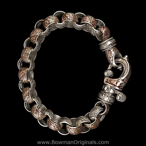 Handmade Sterling Silver Laurel Leaf Link Hook Bracelet with Brown Vitreous Enamel by Bowman Originals, front view
