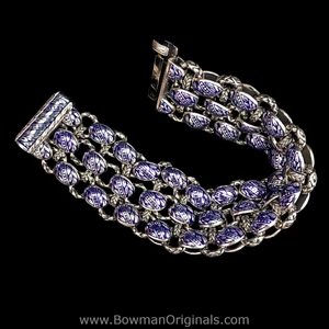 Handmade Sterling Silver Laurel Leaf Link Bracelet with Cobalt Blue Vitreous Enamel by Bowman Originals, side view.
