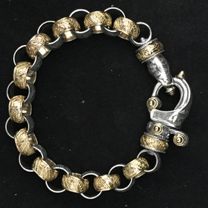 Sterling Silver, 18k Gold and Dove Gray Viteous Enamel Laurel Leaf Hook Bracelet by Bowman Originals. Sterling Silver, 18k Gold and Dove Gray Viteous Enamel Laurel Leaf Hook Bracelet by Bowman Originals.