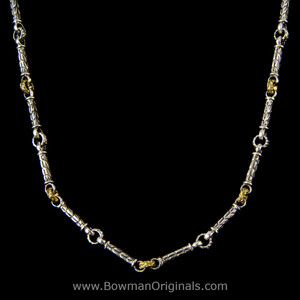 Handmade Leaf Bar Chain Link Layered Necklace in Sterling Silver and 18k Gold by Bowman Originals in Sarasota, Florida Handmade Leaf Bar Chain Link Layered Necklace in Sterling Silver and 18k Gold by Bowman Originals in Sarasota, Florida