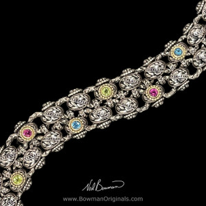 Laurel Leaf Bracelet in Sterling Silver 18k Gold Peridot Garnet and Blue Topaz by Bowman Originals, details
