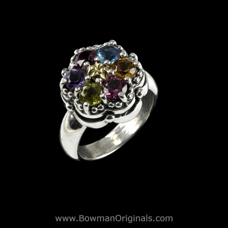 Handcrafted multi gemstone cluster ring in sterling silver and 18k gold by Bowman Originals, Sarasota, FL.
