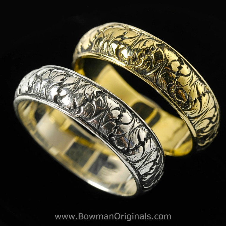 Handmade Sterling Silver and 18k Gold Acanthus Leaf Ring Bands by Bowman Originals, Sarasota.