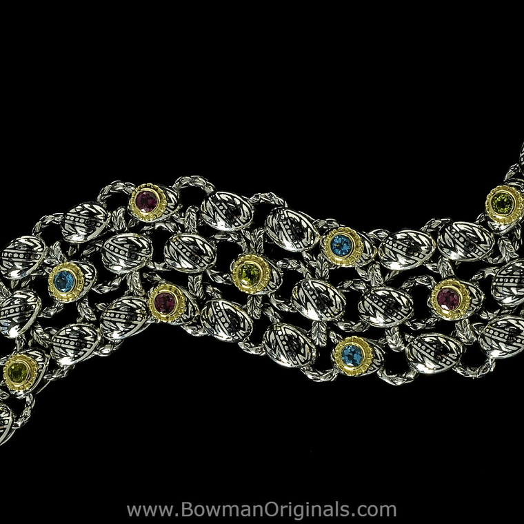 Laurel Leaf Bracelet in Sterling Silver, 18k Gold, Garnet, Topaz, Peridot and Enamel handmade by Bowman Originals, gemstone view