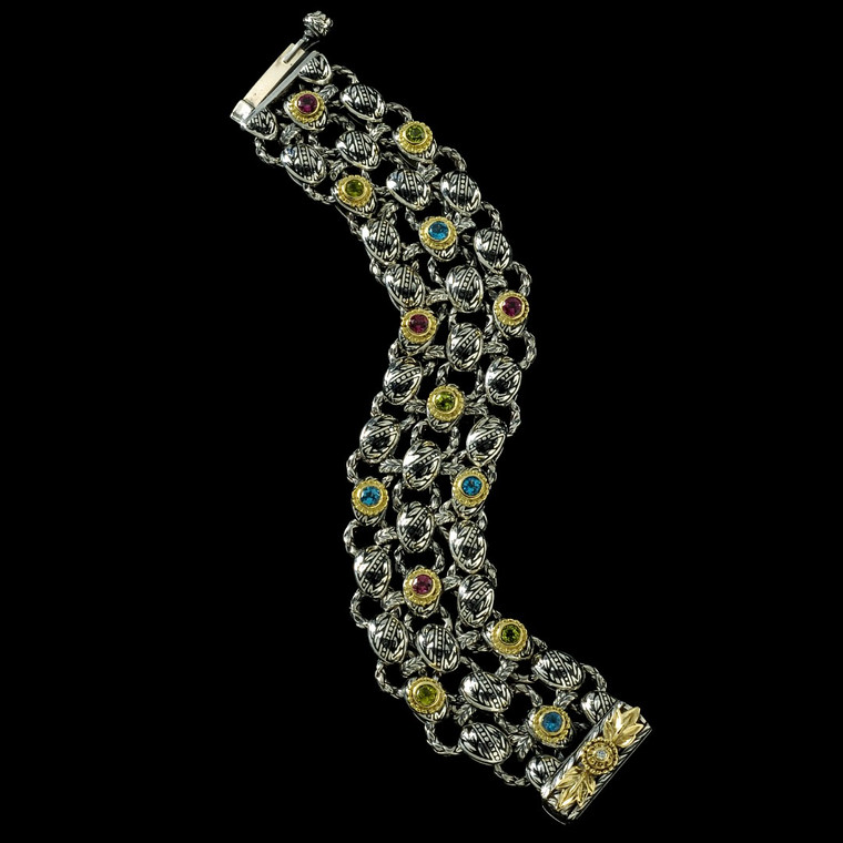 Handmade Laurel Leaf Bracelet in sterling silver and 18k gold with  rhodolite and vitreous enamel by Bowman Originals
 Handmade Laurel Leaf Bracelet in sterling silver and 18k gold with  rhodolite and vitreous enamel by Bowman Originals