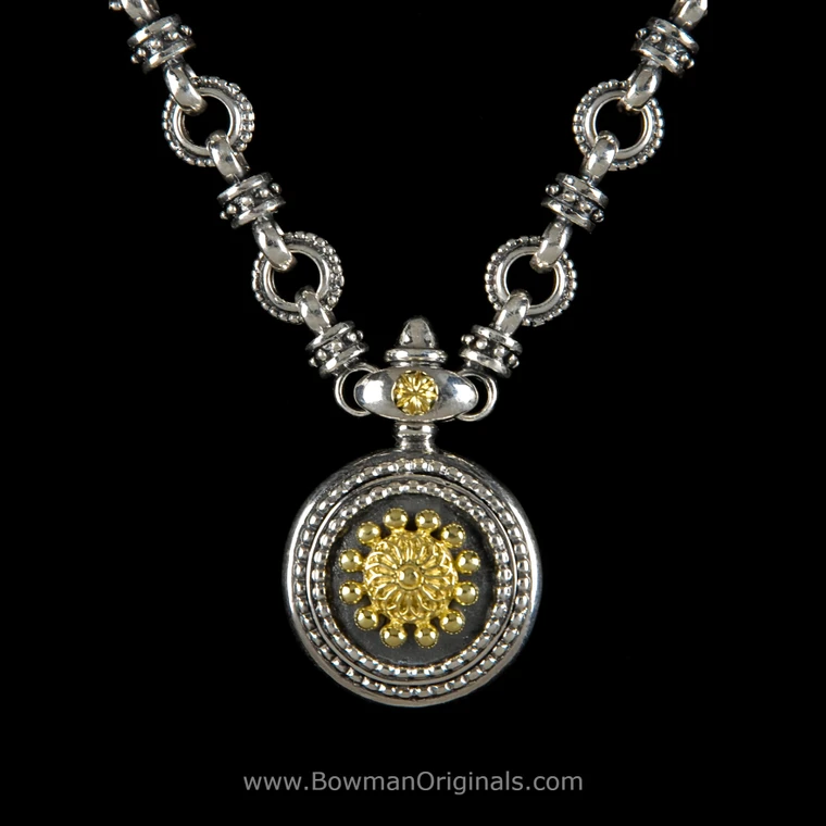 Sundial pendant link necklace handmade in Sterling Silver and 18k Gold by Bowman Originals, Sarasota, Fl. USA