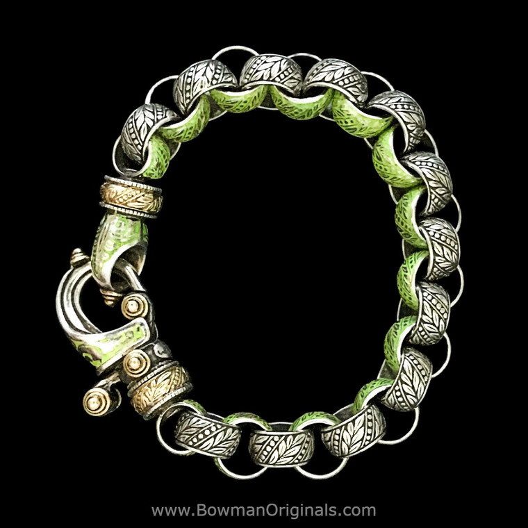 Laurel Leaf Hook Bracelet in Sterling Silver & 18k gold with Peridot Green Vitreous Enamel, Handmade by Bowman Originals
 Laurel Leaf Hook Bracelet in Sterling Silver & 18k gold with Peridot Green Vitreous Enamel, Handmade by Bowman Originals