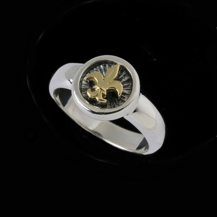 Sterling Silver and 18k Gold Fleur de lis Ring handmade by Bowman Originals, Sarasota, Florida. 